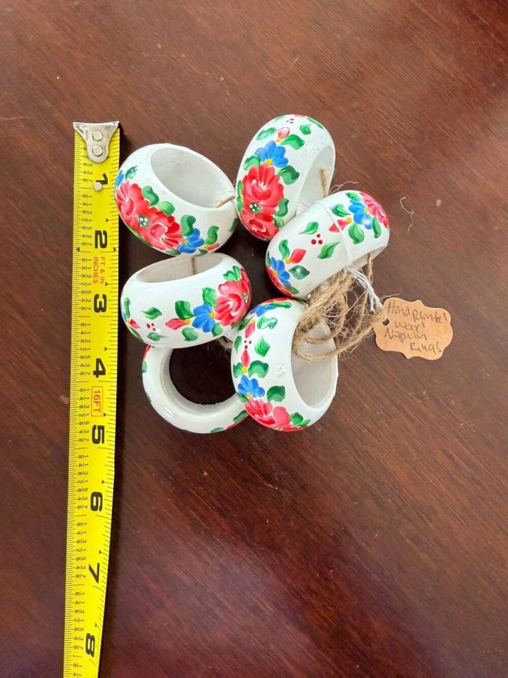 Hand-Painted Floral Wood Napkin Rings Set Of 6 Rustic Table Décor 2" Diameter